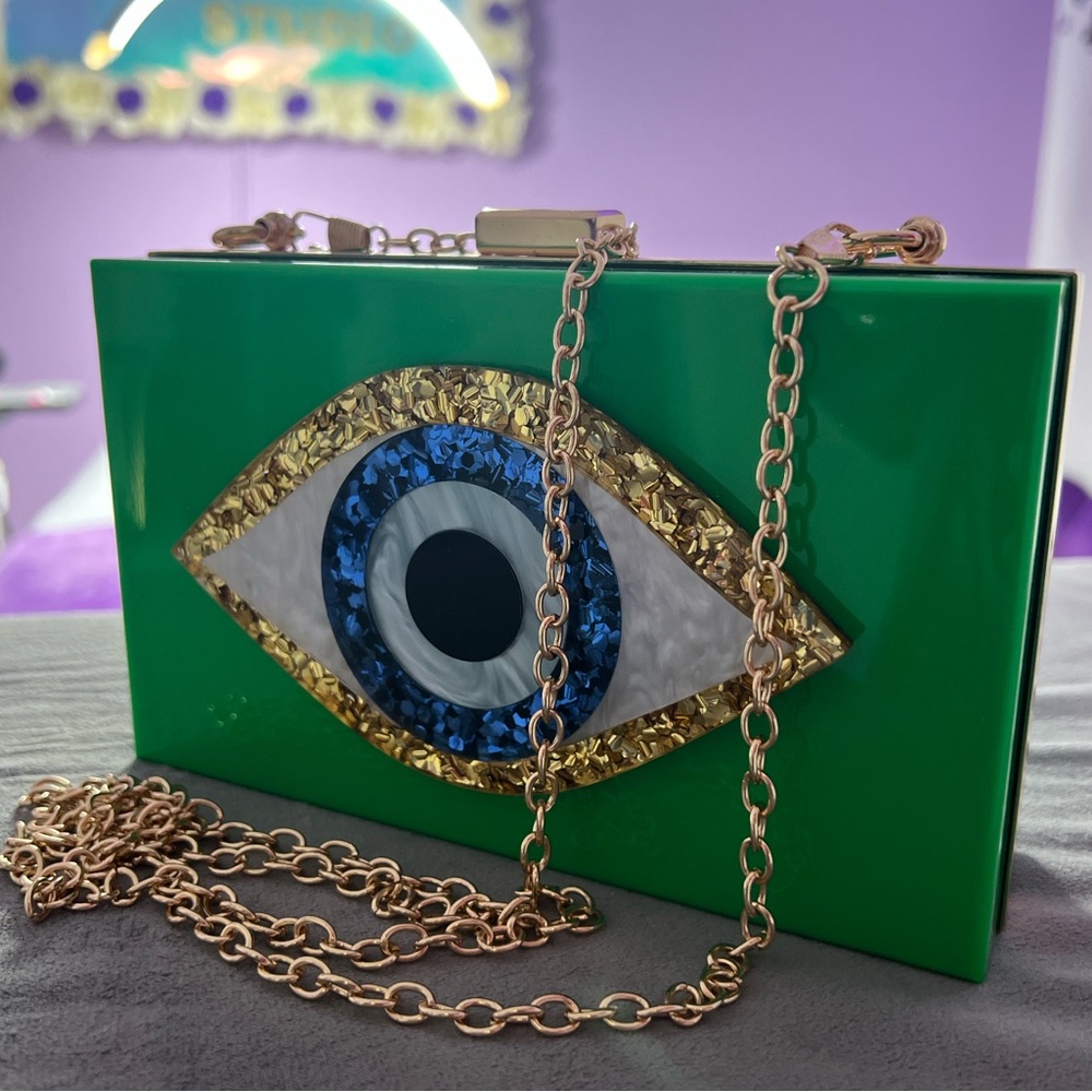 Green Eye Clutch Bag with Gold Chain